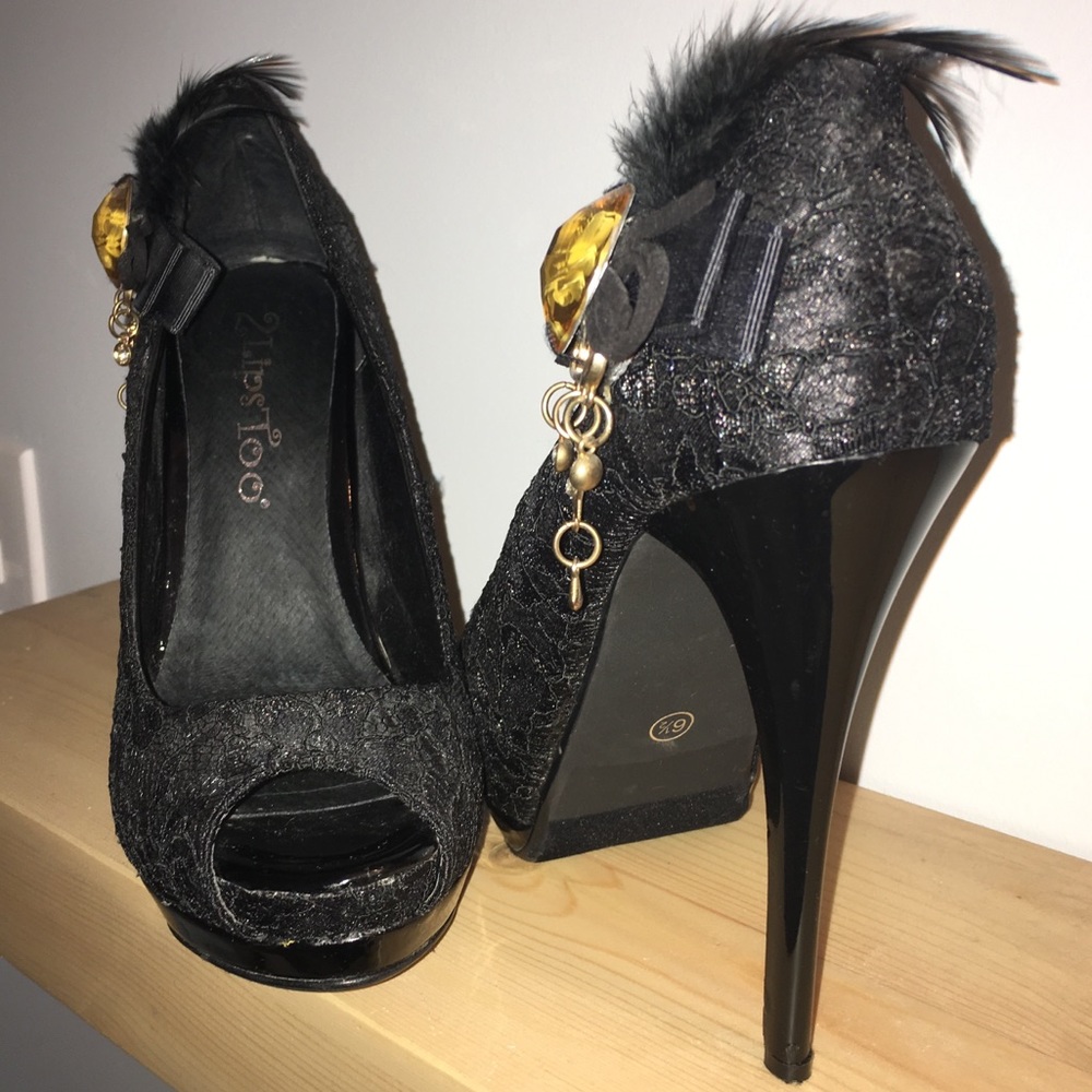 Black Lace Feather Stilettos with Bow and Charms - Picture 5 of 7